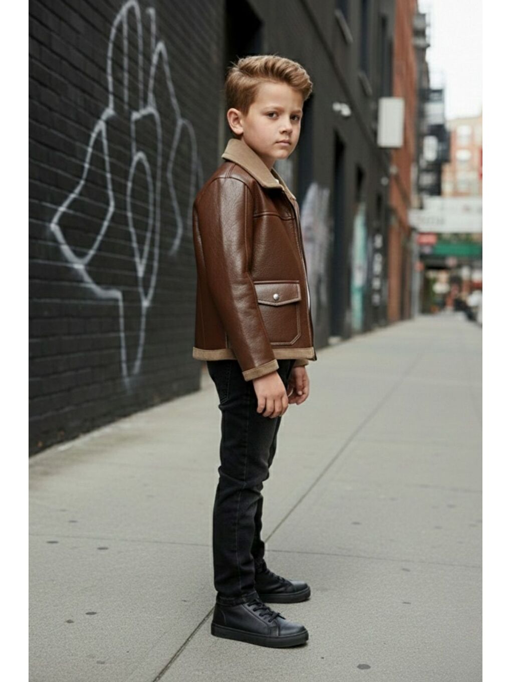 Kahverengi Erkek Çocuk Deri Ceketli Jean Pantolonlu Penyeli ÜçlüTakım-3