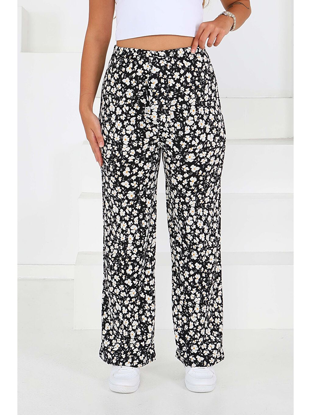 Desenli Beli Lastikli Bürümcük Pantolon Siyah - 27677-1