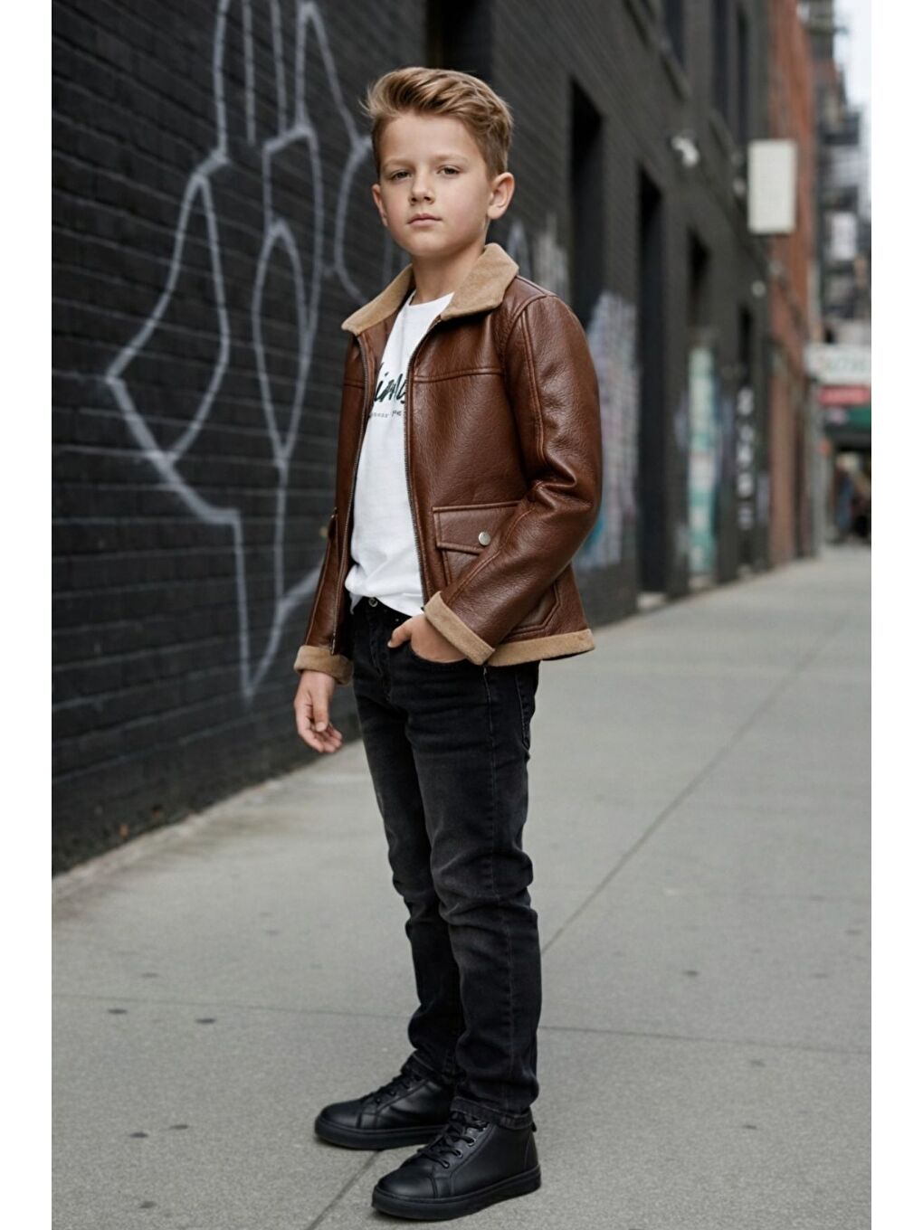 Kahverengi Erkek Çocuk Deri Ceketli Jean Pantolonlu Penyeli ÜçlüTakım-4