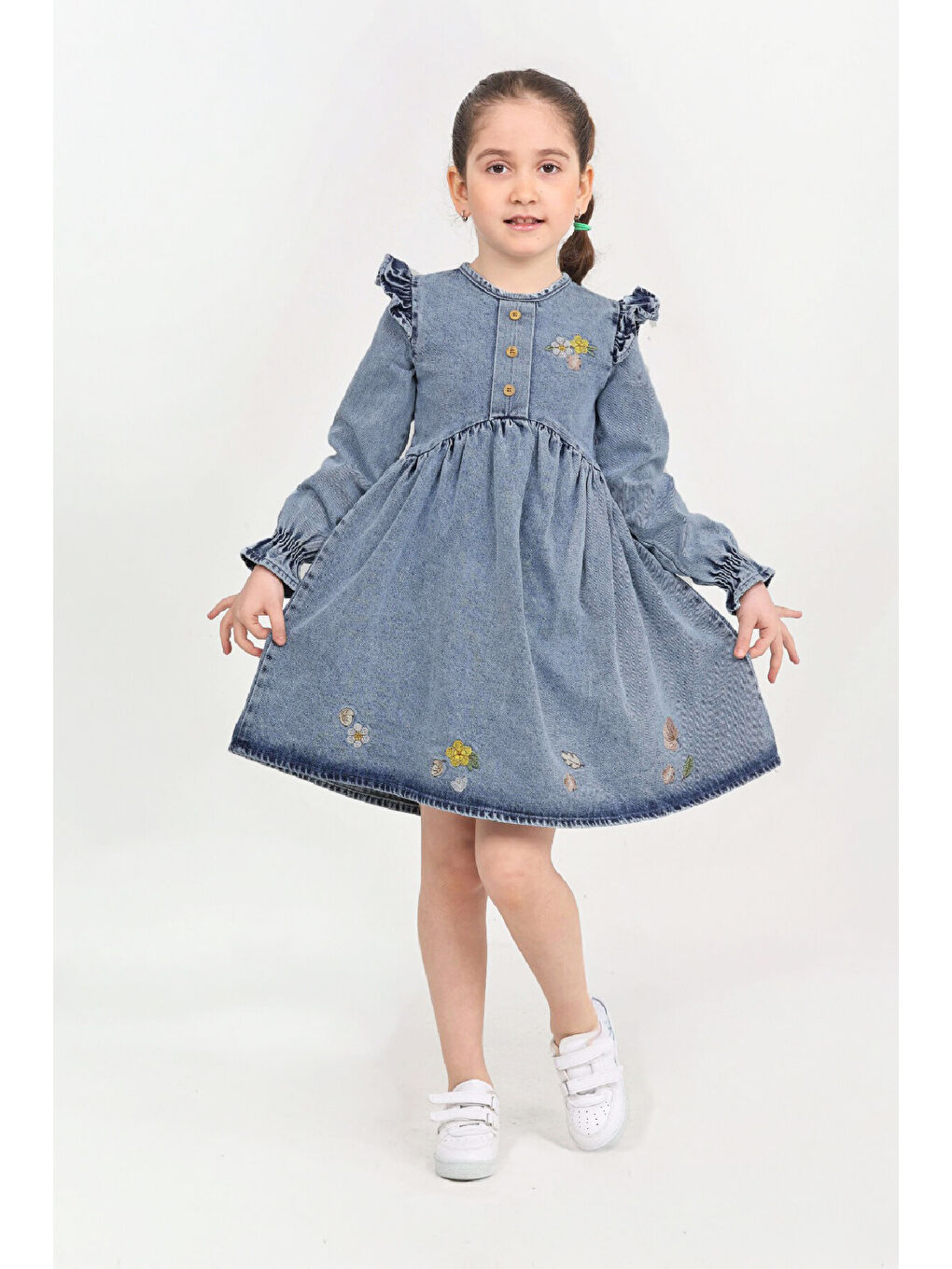İndigo Kız Çocuk Omuz Fırfırlı Papatya Nakışlı Jean Elbise 2-12 Yaş 12570-1