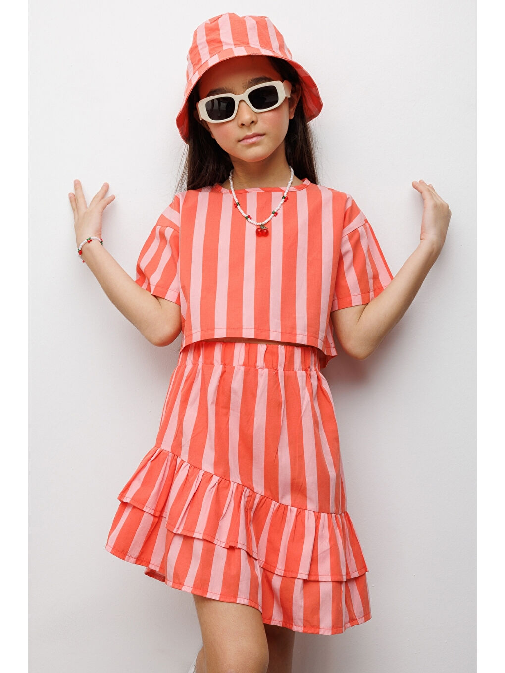 Turuncu Çizgili Kız Çocuk Crop Etek İkili Takım - Cora-1