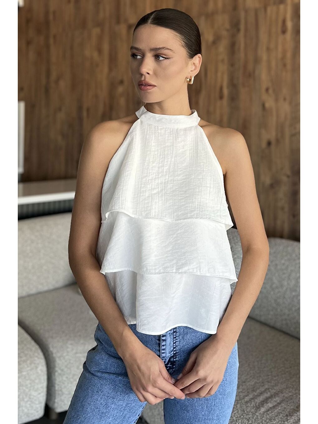 Ekru Kadın Sıfır Kol Kat Kat Bluz-1