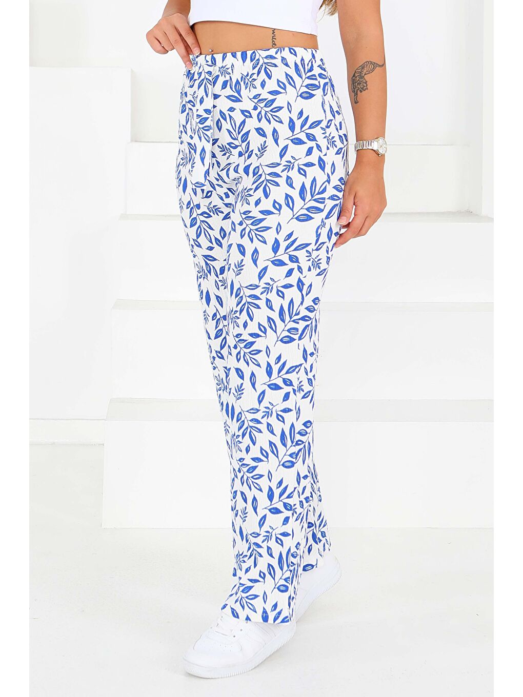 Mavi Desenli Beli Lastikli Bürümcük Pantolon Saks - 27678-2