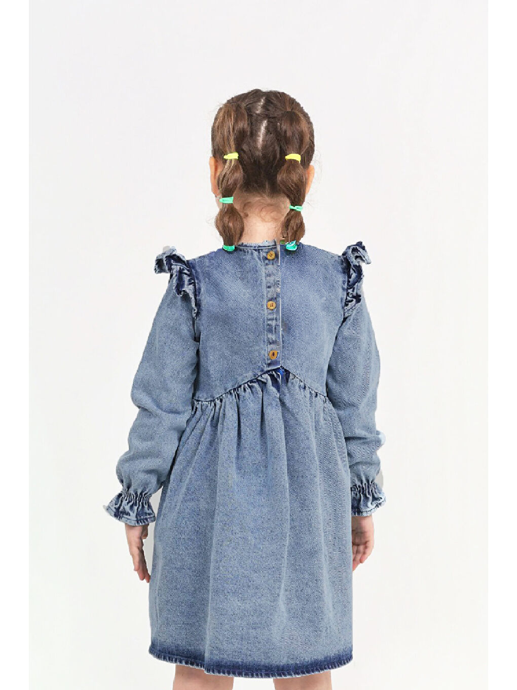 İndigo Kız Çocuk Omuz Fırfırlı Papatya Nakışlı Jean Elbise 2-12 Yaş 12570-3
