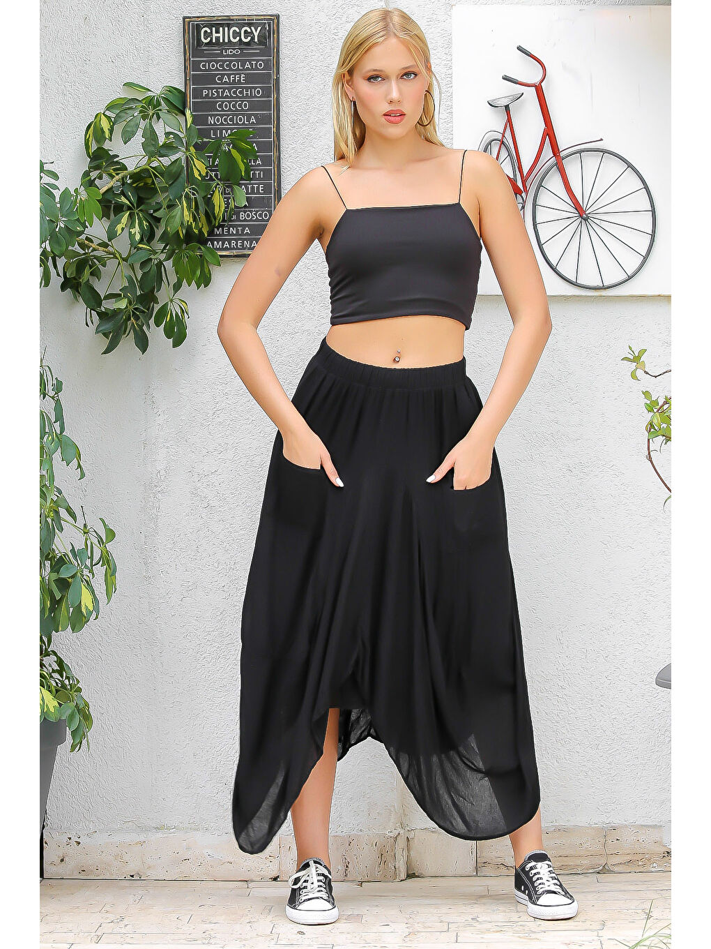 Siyah Cepli Yıkamalı Dokuma Geniş Kesim Lastikli Bel Bol Etek-7