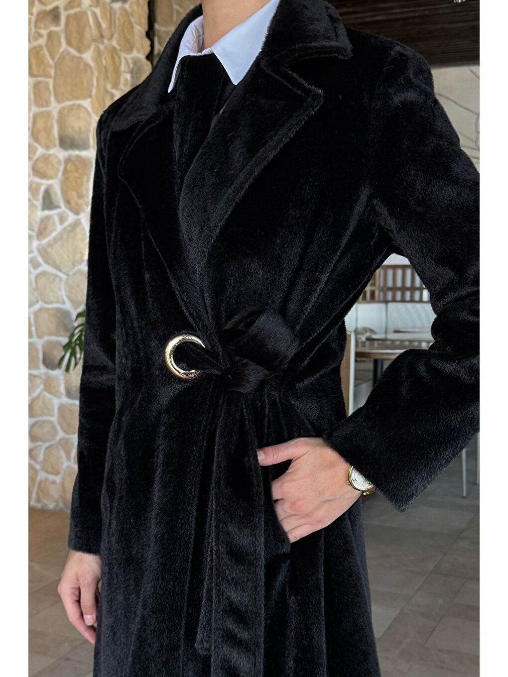 Siyah Kadın Gold Tokalı Kuşaklı İç Astarlı Sakallı Kaban-3