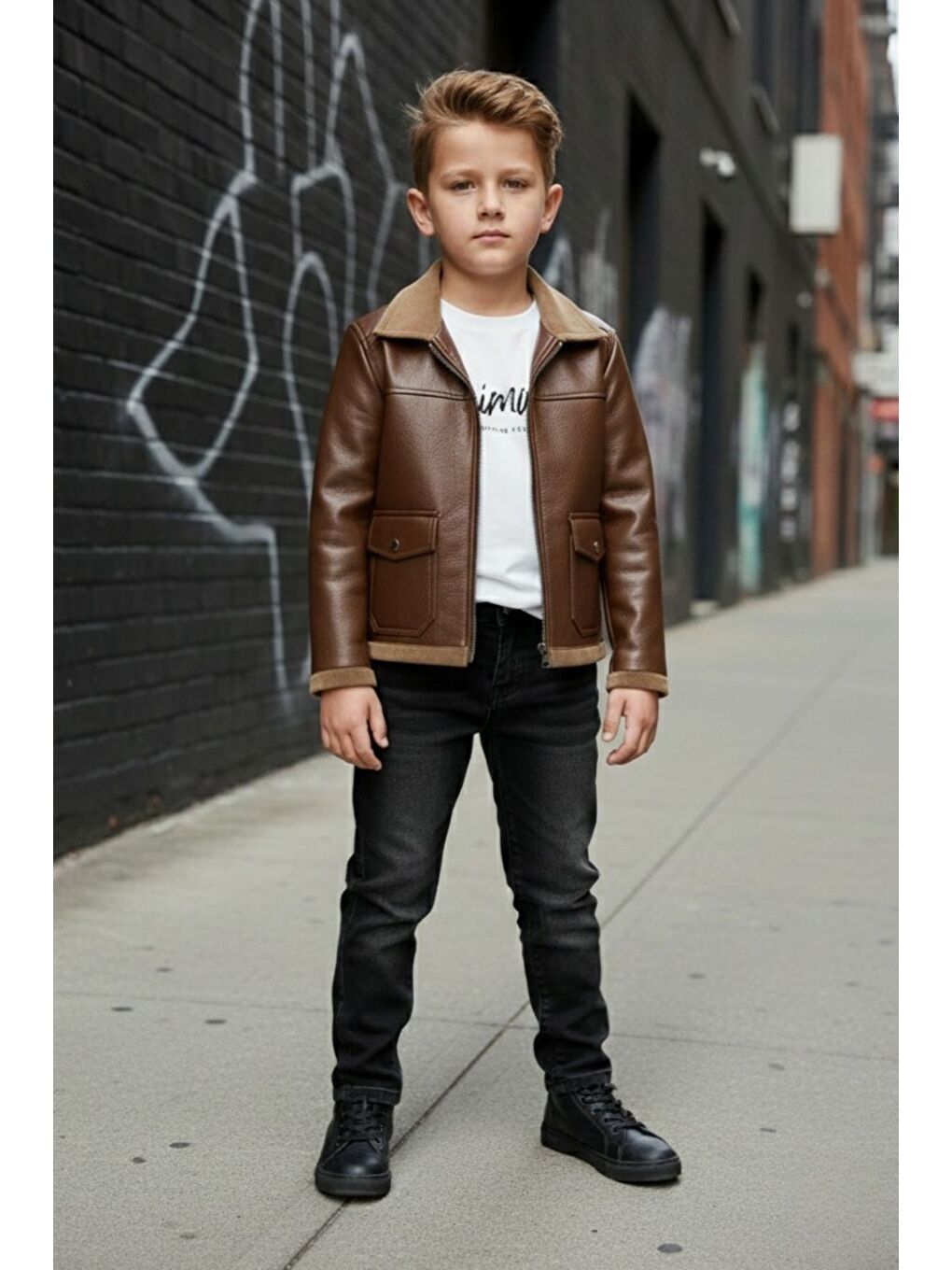 Kahverengi Erkek Çocuk Deri Ceketli Jean Pantolonlu Penyeli ÜçlüTakım-6