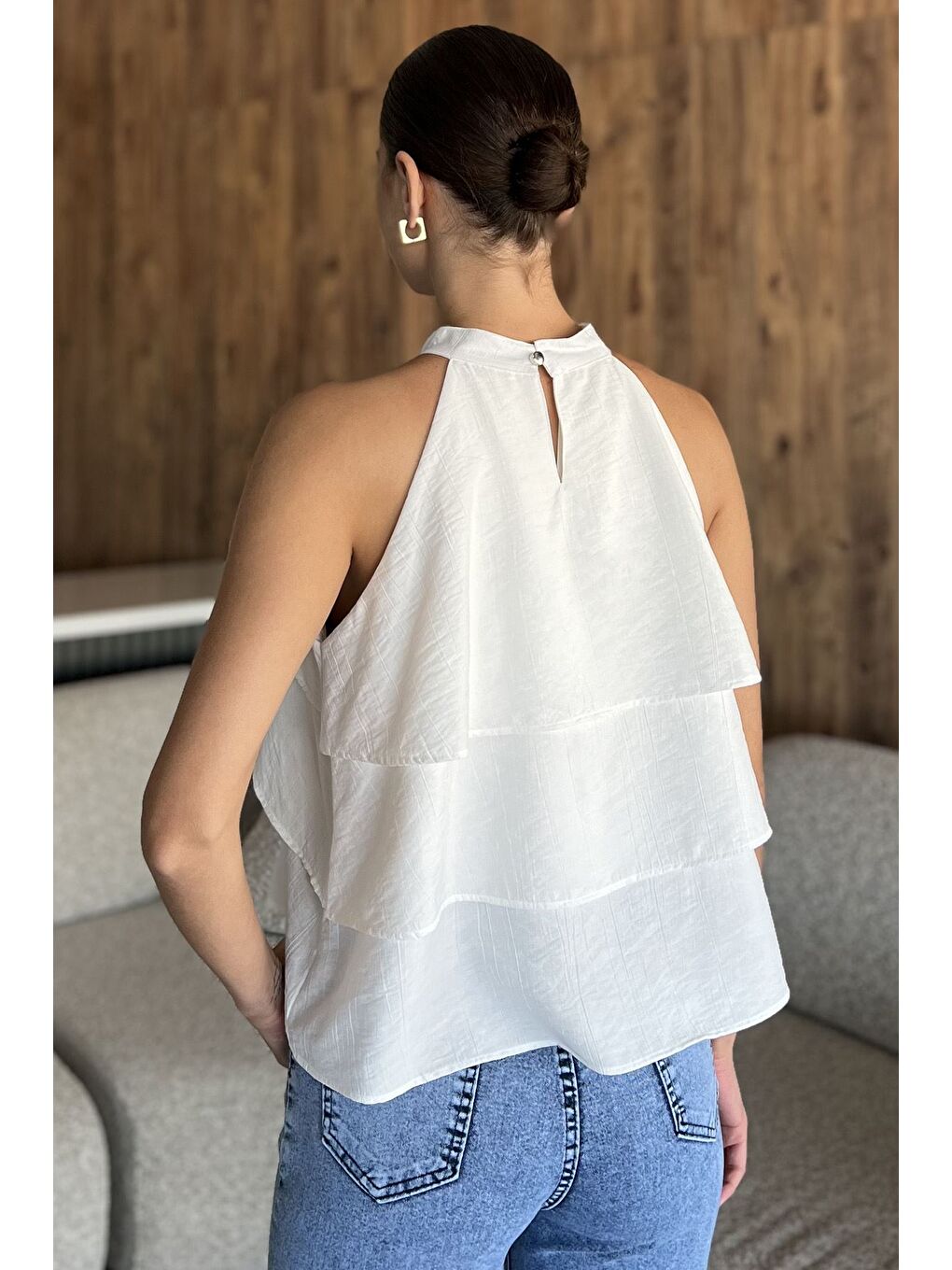 Ekru Kadın Sıfır Kol Kat Kat Bluz-2