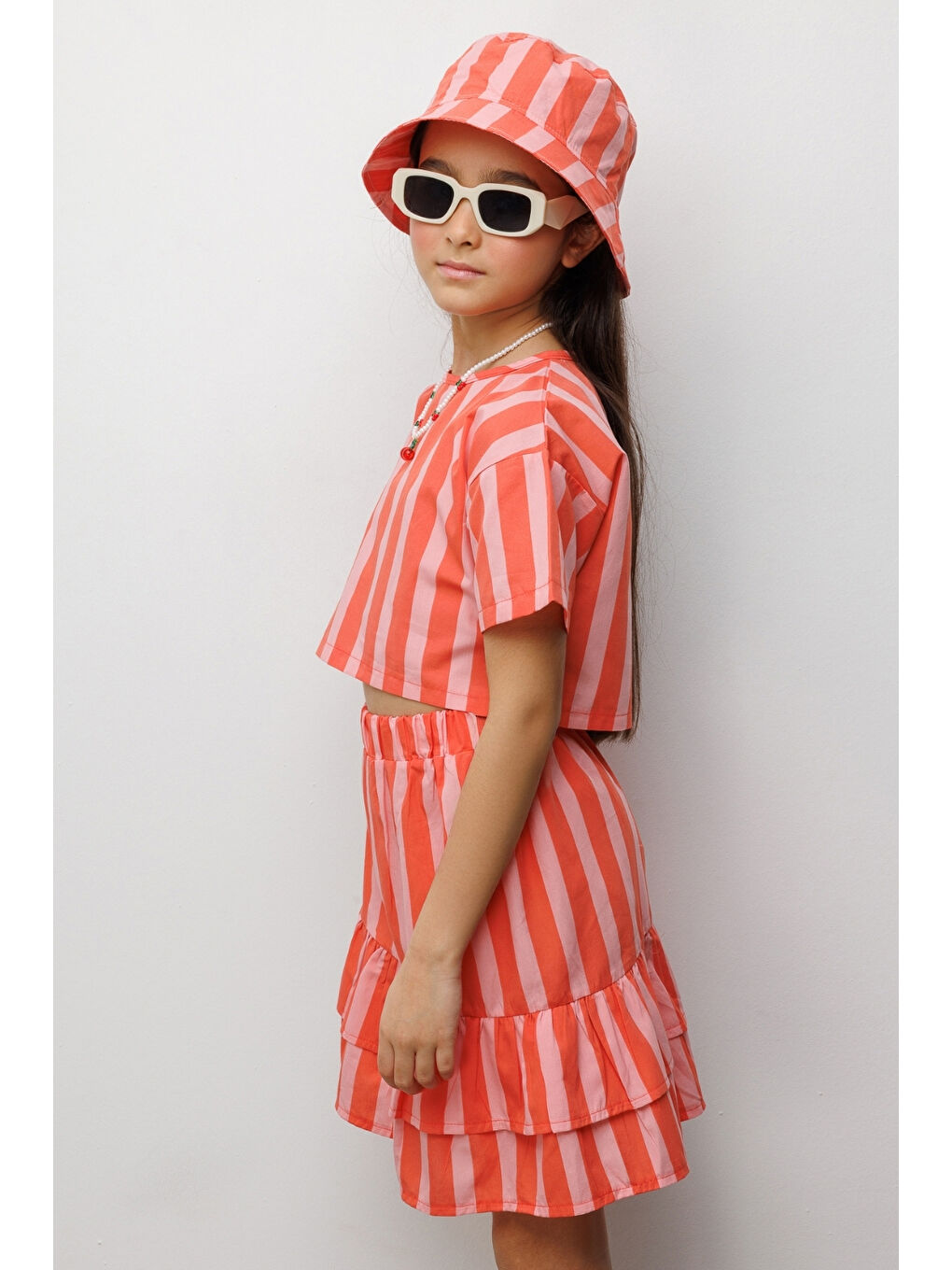 Turuncu Çizgili Kız Çocuk Crop Etek İkili Takım - Cora-2