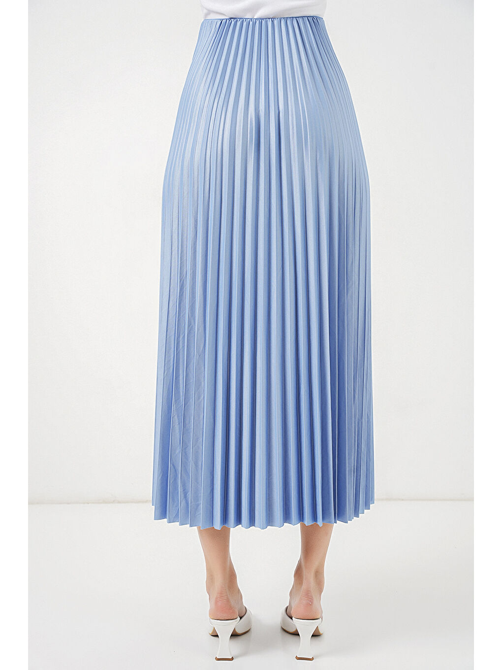 8009 Deri Görünümlü Piliseli Etek - Mavi-7