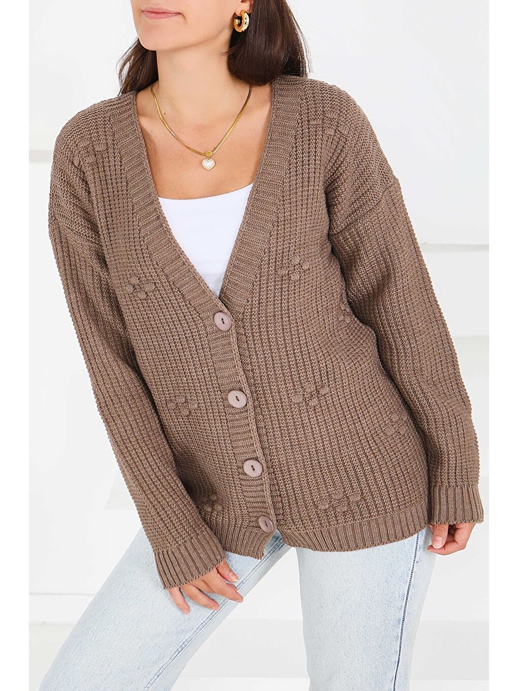 Bej Kabarcıklı Düğmeli Triko Hırka Vizon - 27658-1