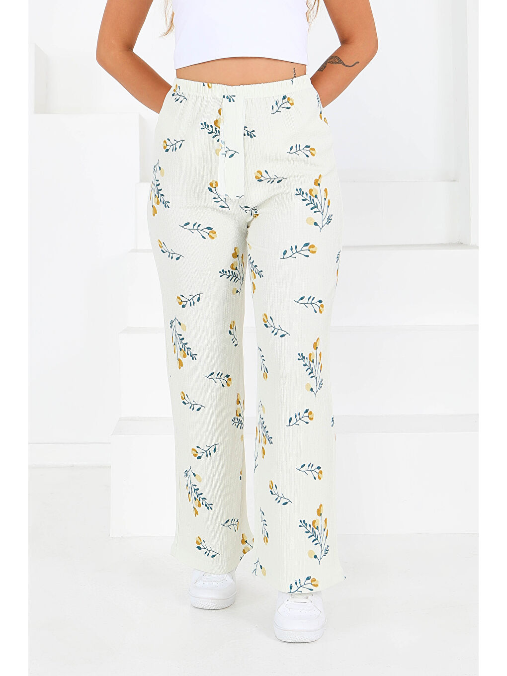 Desenli Beli Lastikli Bürümcük Pantolon Ekru - 27684-3