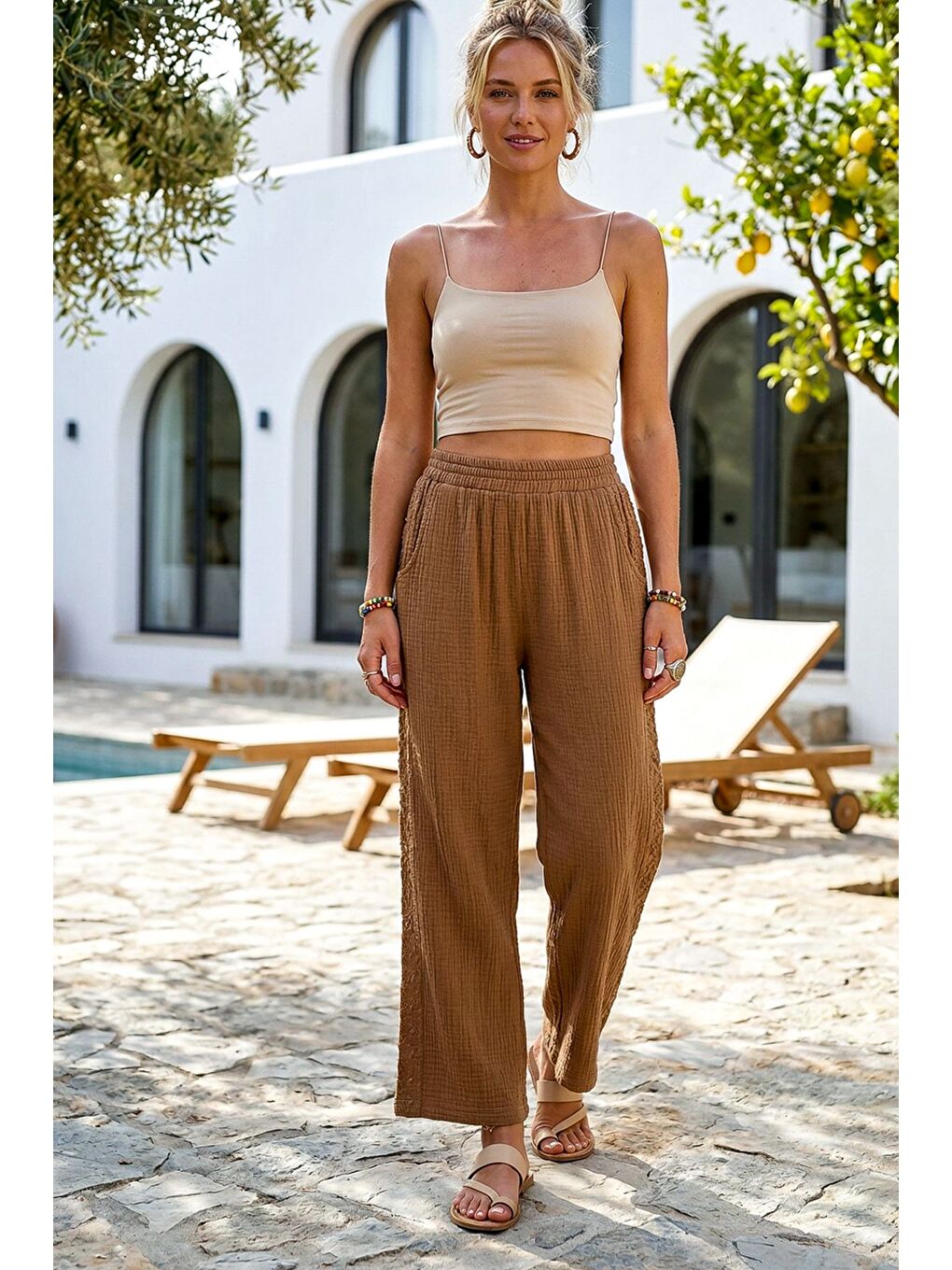 Kahverengi Camel Cepli Yanları Dantelli Lastikli Bel Casual Müslin Dokuma Pantolon 92 60-1