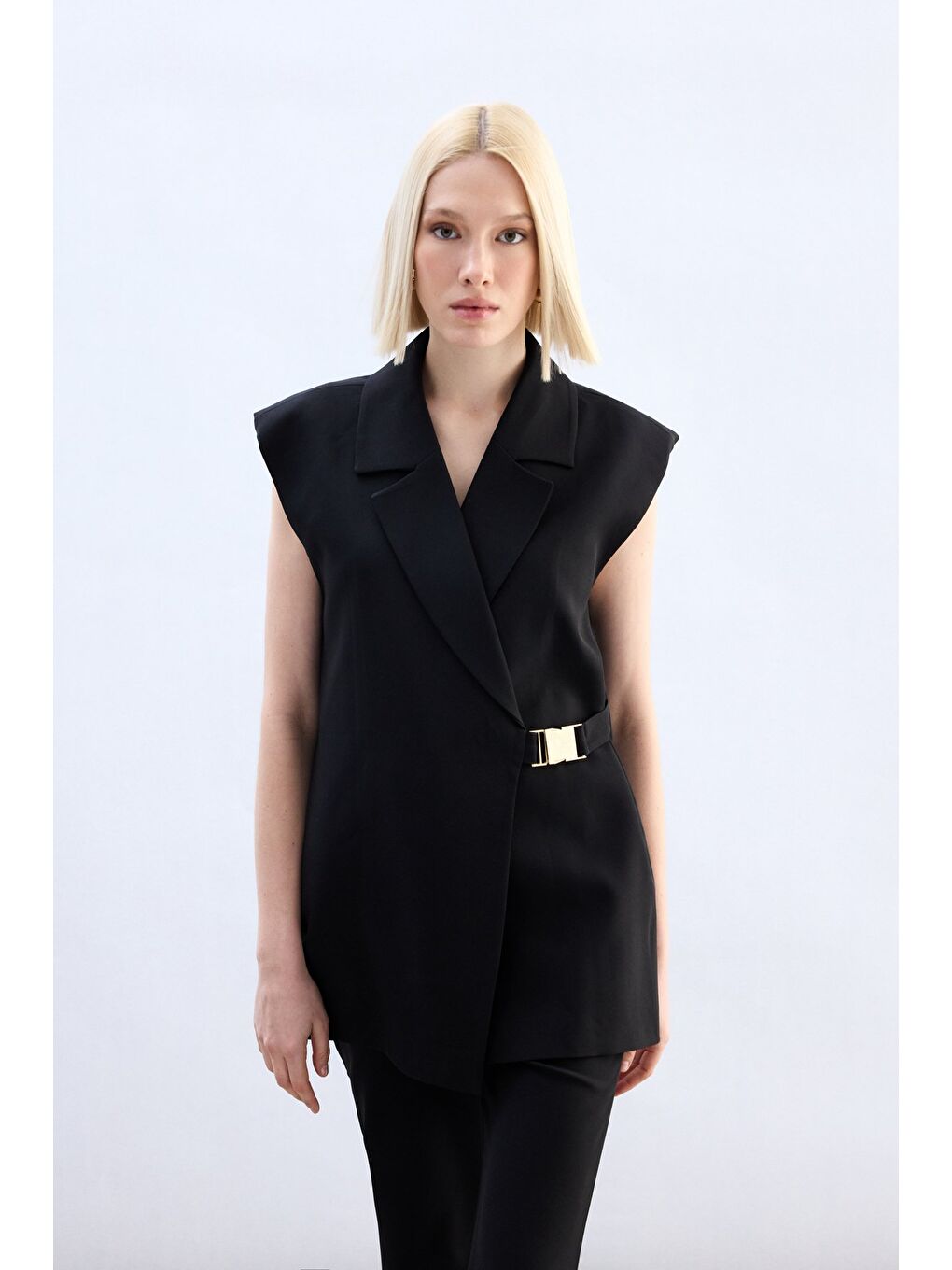 Yan Kemerli Uzun Yelek - Siyah-1