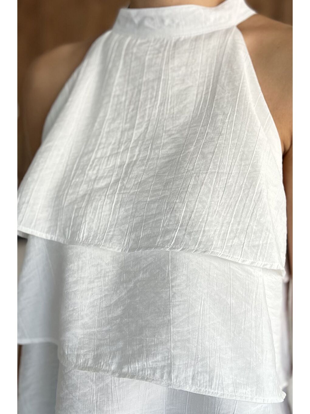 Ekru Kadın Sıfır Kol Kat Kat Bluz-3