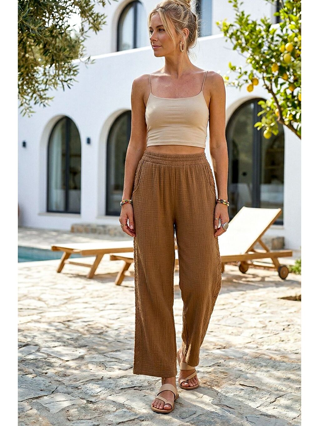 Kahverengi Camel Cepli Yanları Dantelli Lastikli Bel Casual Müslin Dokuma Pantolon 92 60-2