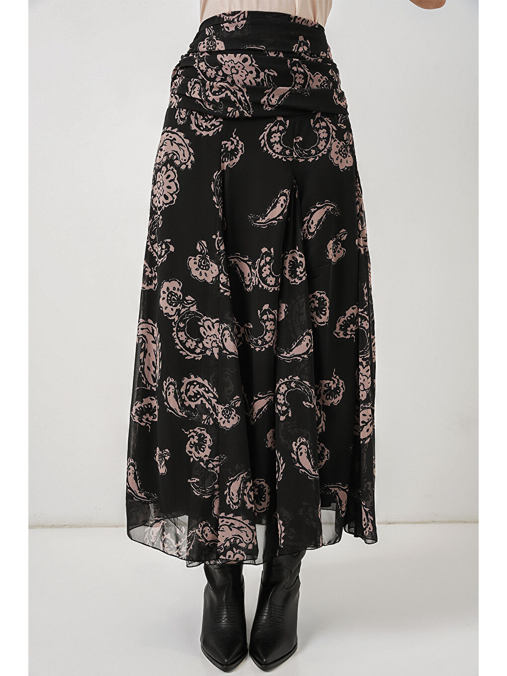 Kadın Desenli Şifon Etek 8057 - Siyah-1