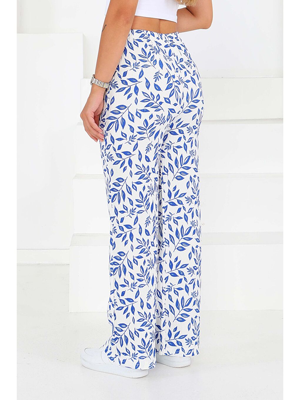 Mavi Desenli Beli Lastikli Bürümcük Pantolon Saks - 27678-3