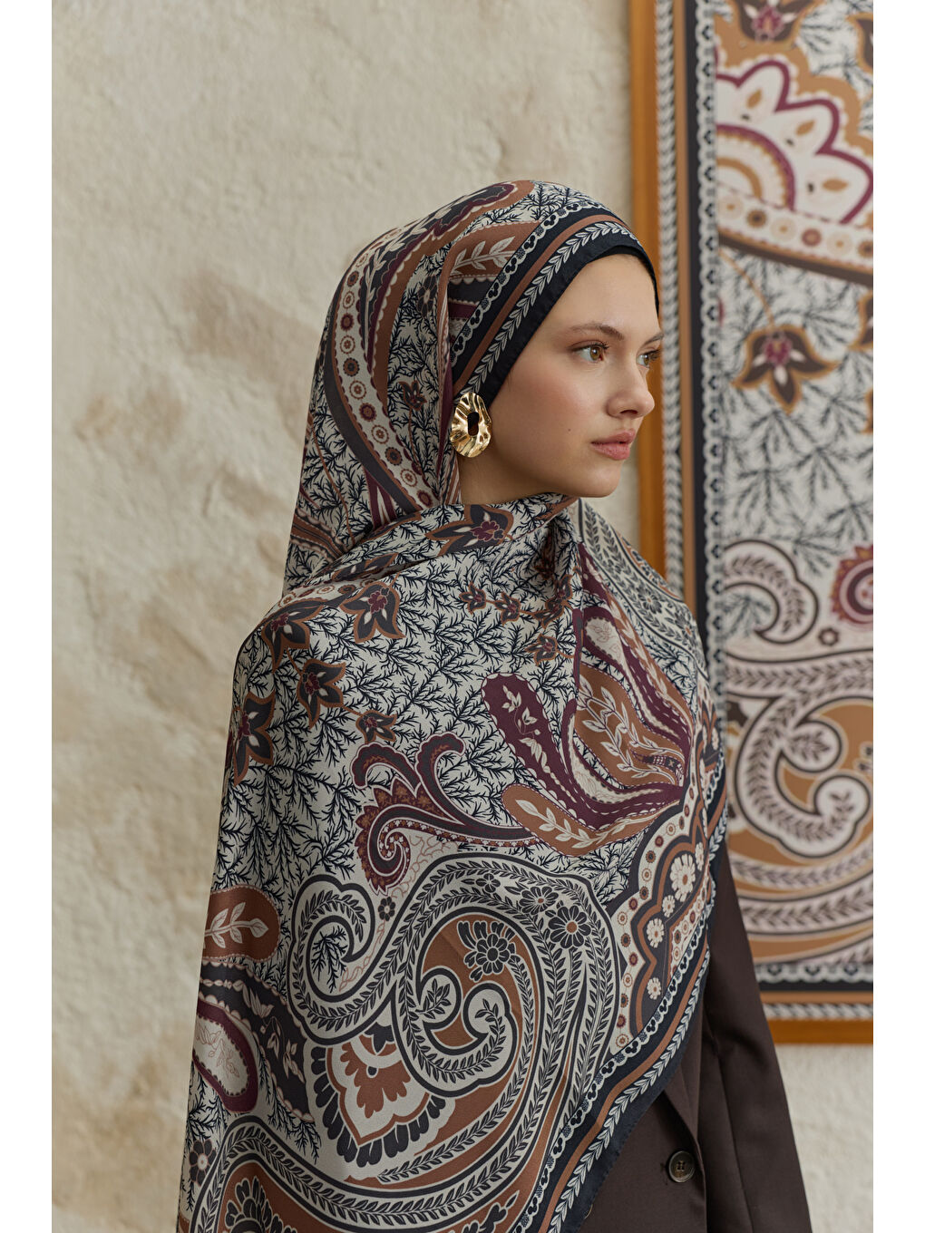 Kahverengi Cupra Prive Desenli Şal Blossom Kızıl Kahve