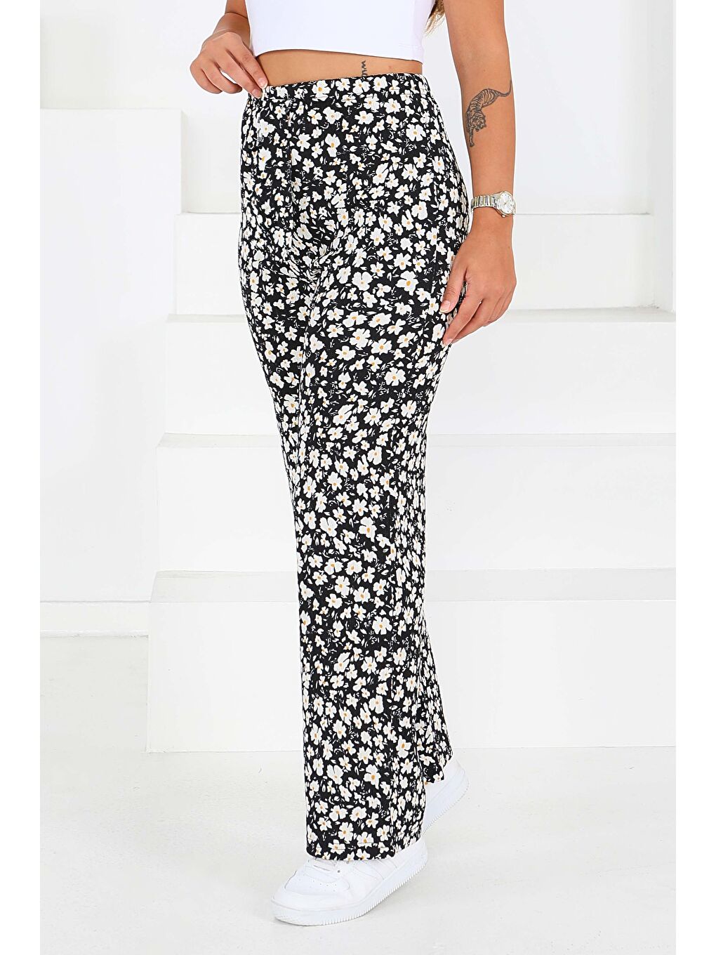 Desenli Beli Lastikli Bürümcük Pantolon Siyah - 27677-2