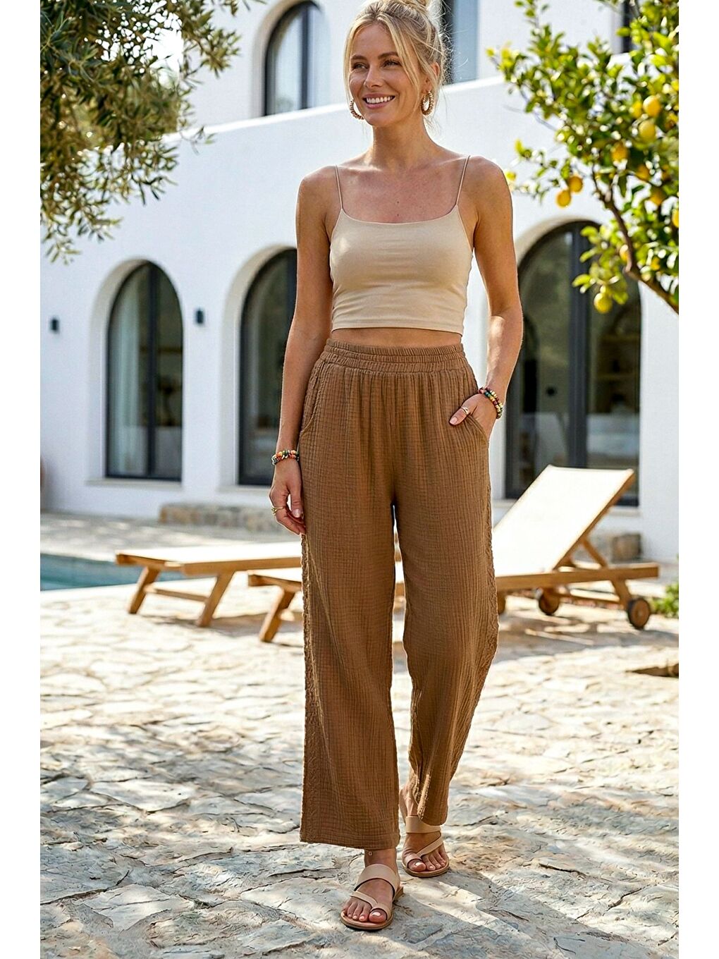 Kahverengi Camel Cepli Yanları Dantelli Lastikli Bel Casual Müslin Dokuma Pantolon 92 60-3