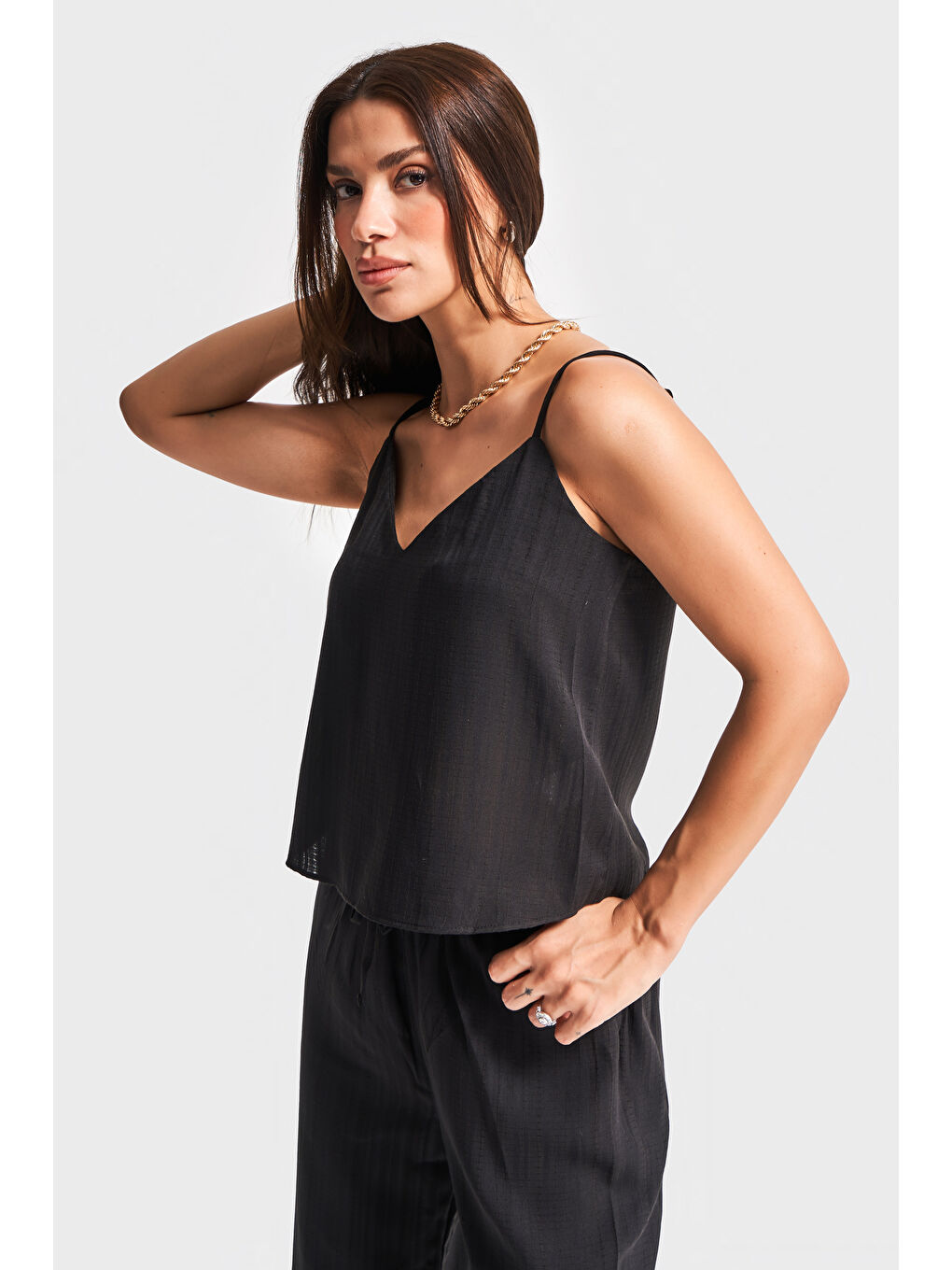 Kadın Siyah Renk s5-1 Rahat Kesim Yazlık Kumaş Pantolon Büstiyer 2'li Kombin-1