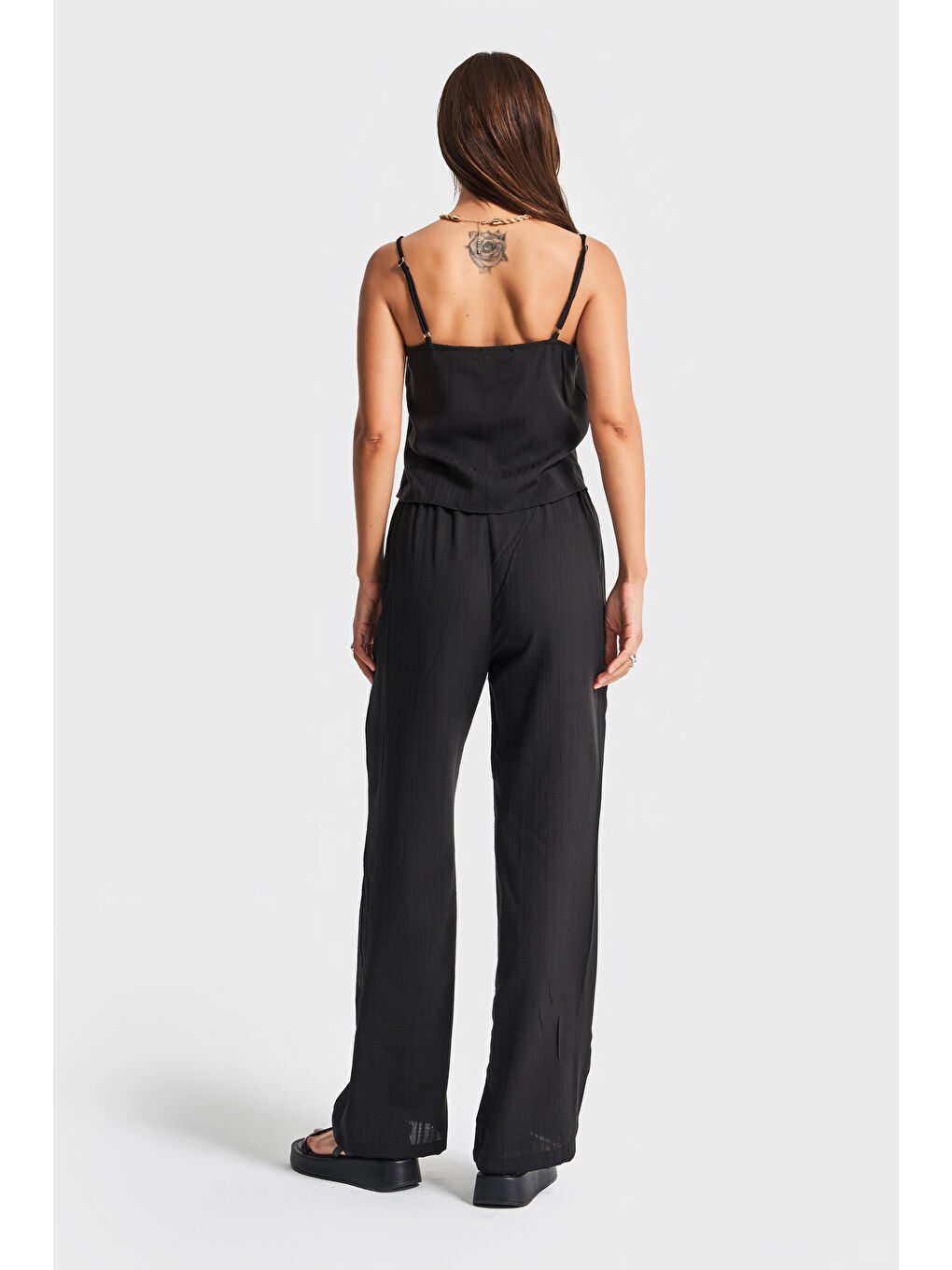 Kadın Siyah Renk s5-1 Rahat Kesim Yazlık Kumaş Pantolon Büstiyer 2'li Kombin-2