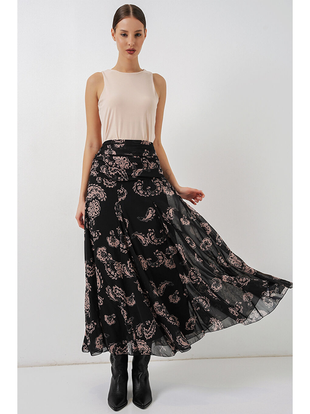 Kadın Desenli Şifon Etek 8057 - Siyah-2