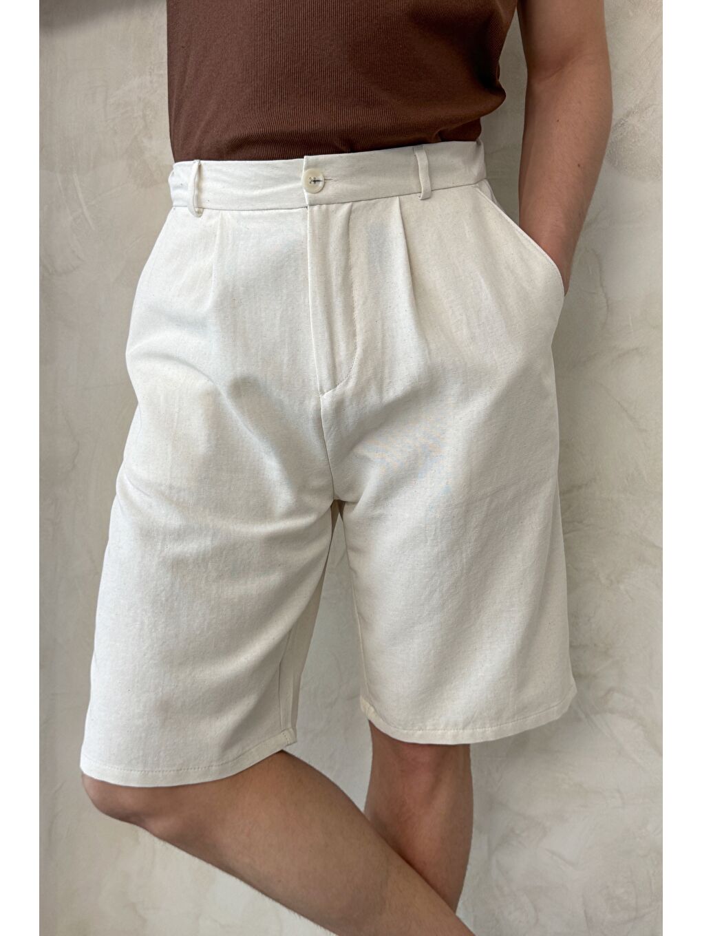 Ekru Erkek Pileli Baggy Keten Şort