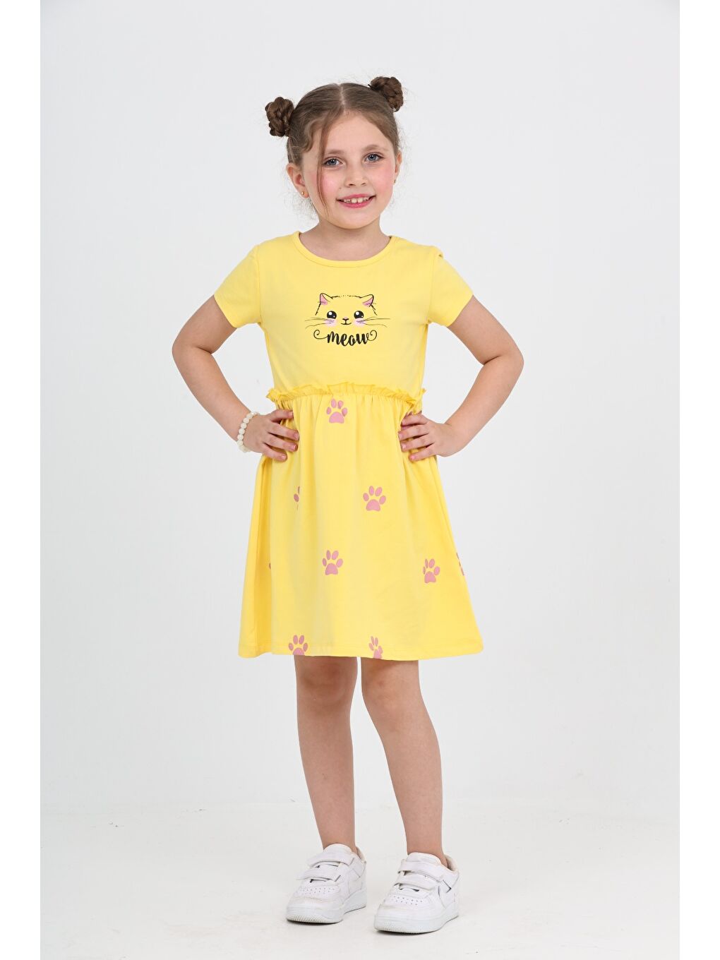 Sarı Kız Çocuk Kedi Baskılı Elbise-1