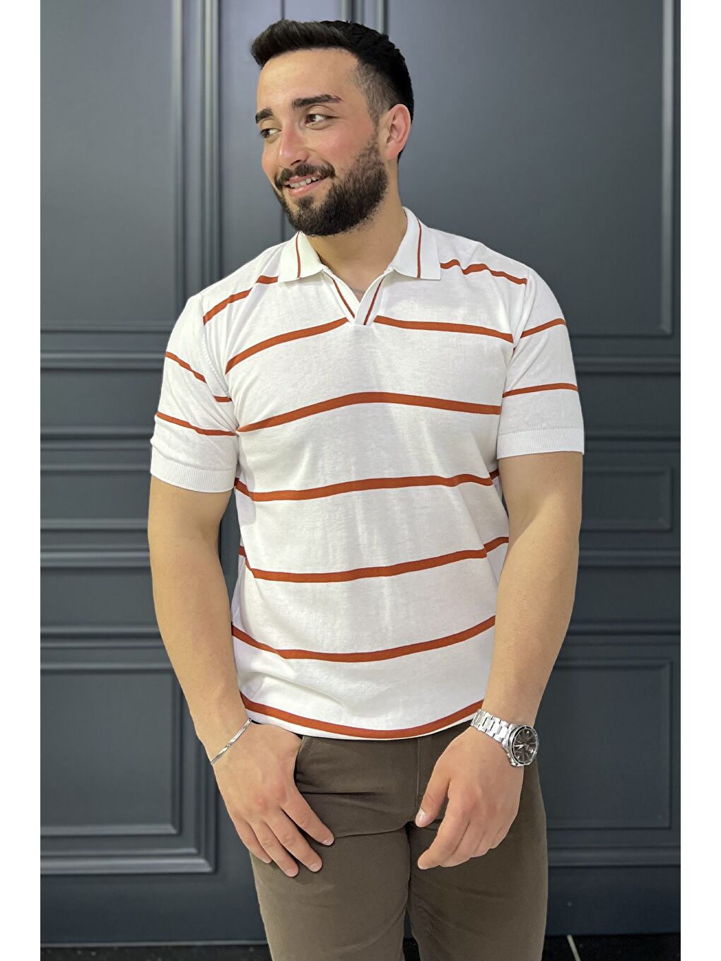 Beyaz Erkek Polo Yaka Çizgi Desenli Triko Tişört