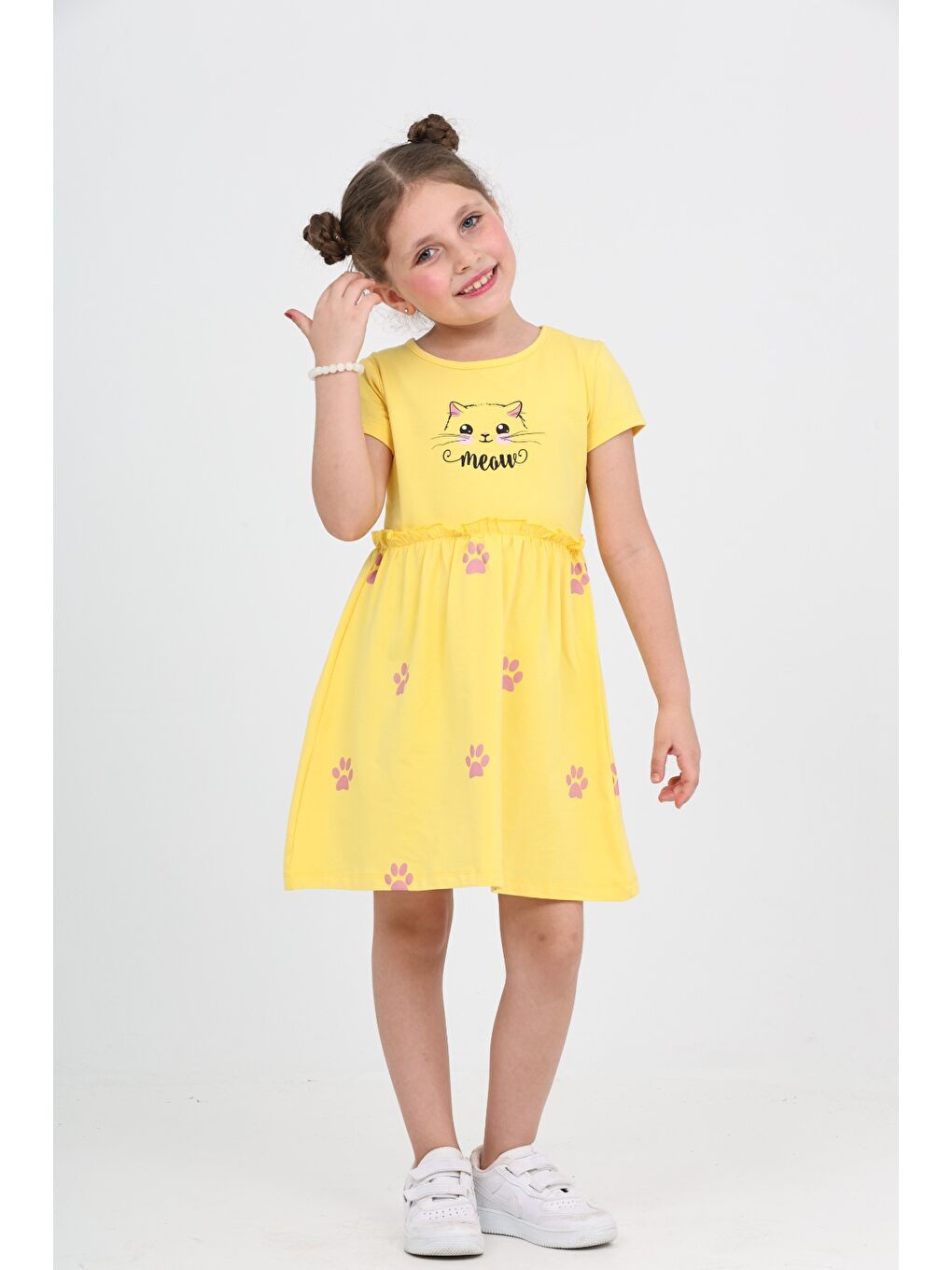 Sarı Kız Çocuk Kedi Baskılı Elbise-2