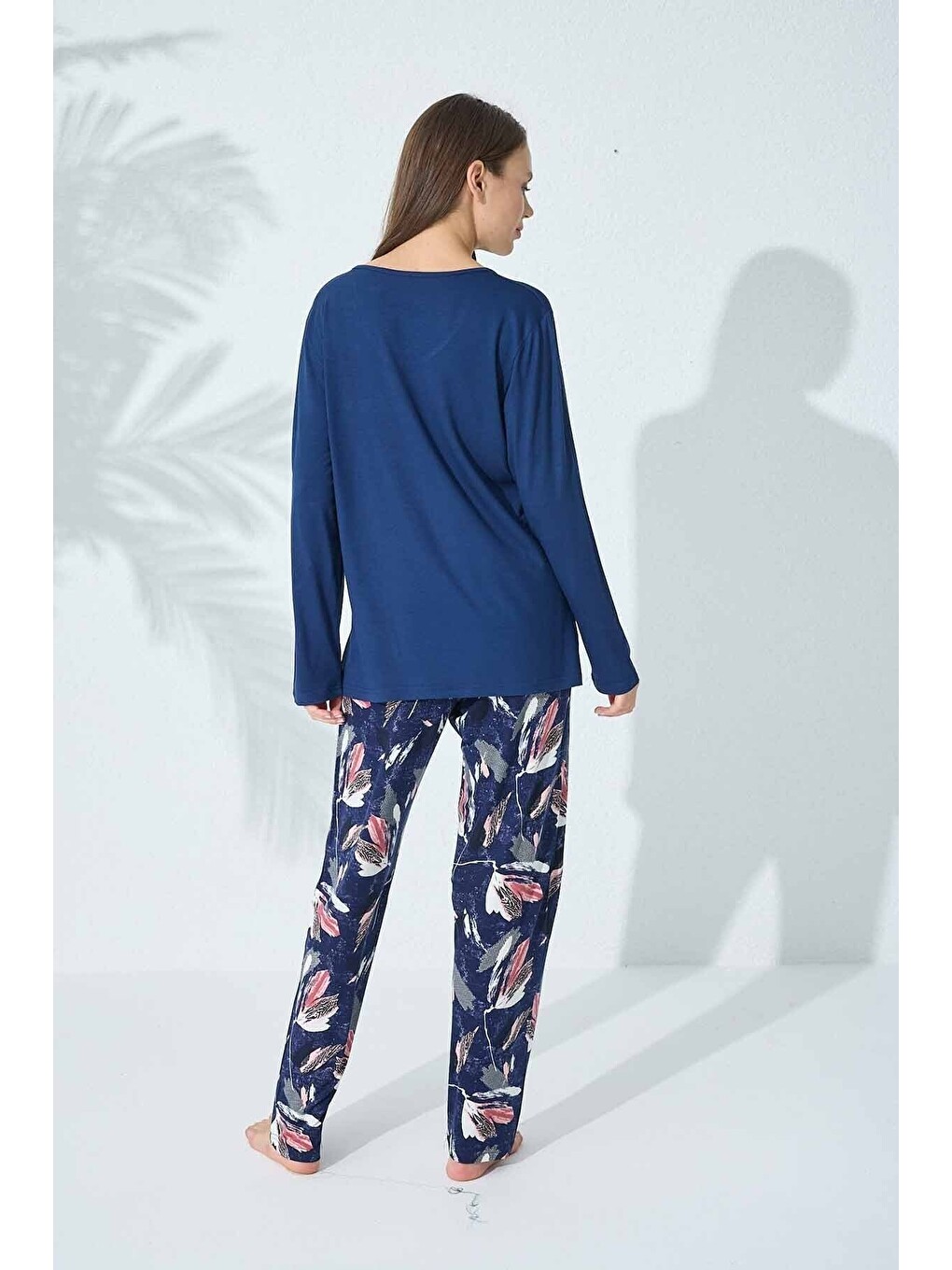 Lacivert Desenli Viskon Pijama Takım-3
