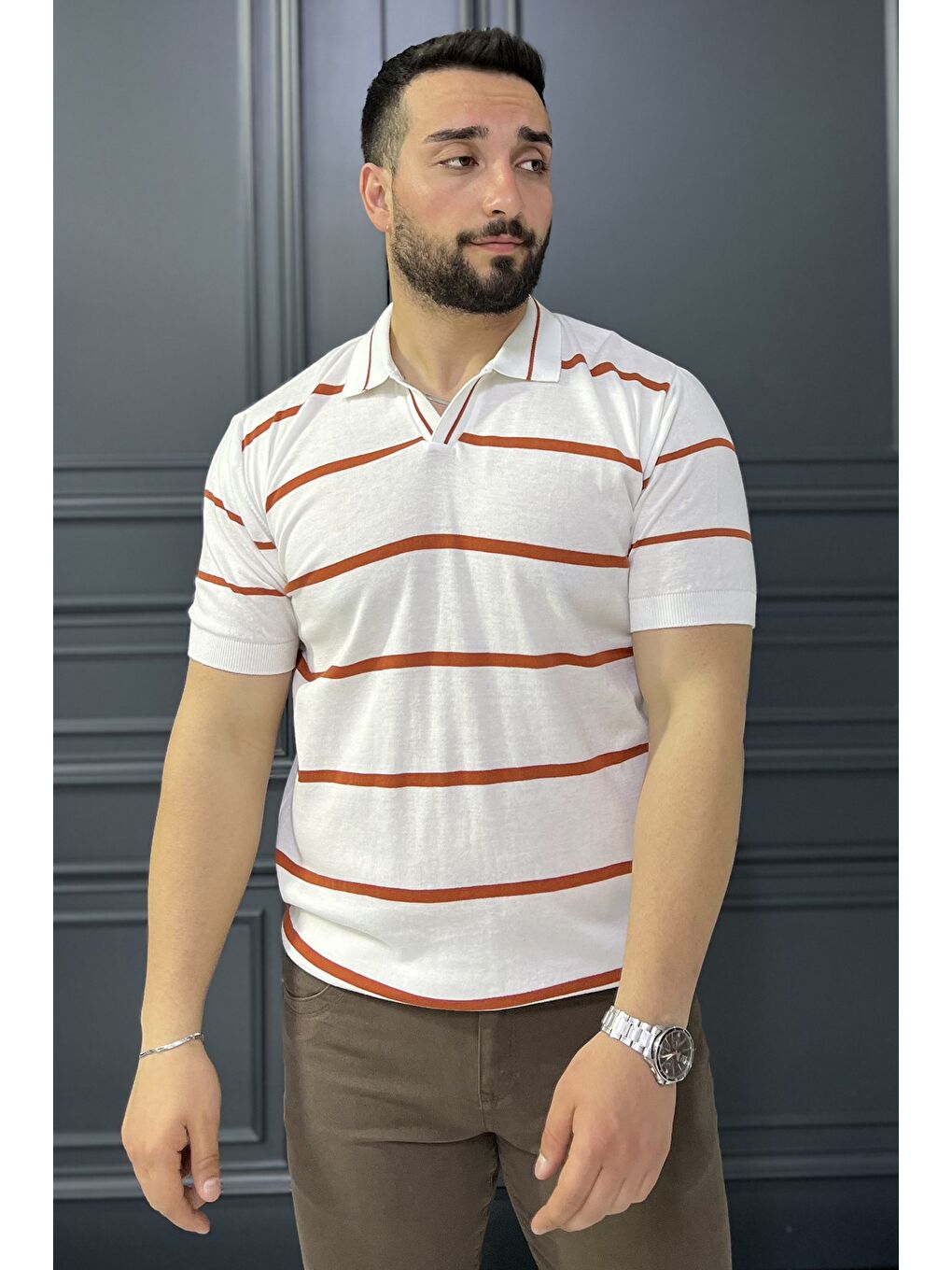 Beyaz Erkek Polo Yaka Çizgi Desenli Triko Tişört-1