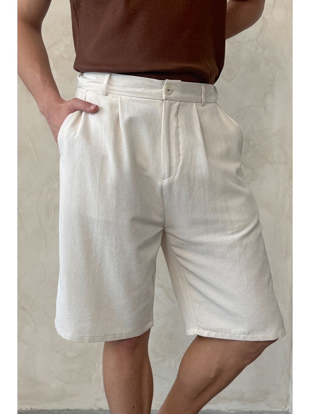 Ekru Erkek Pileli Baggy Keten Şort-1