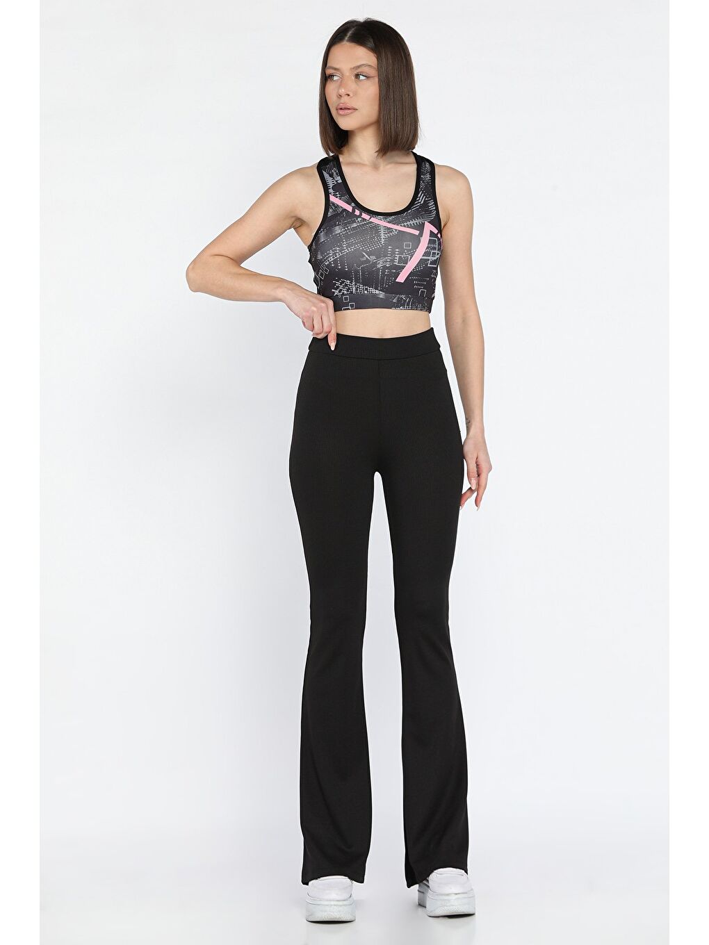 Siyah Kadın Yüksek Bel Fitilli İspanyol Paça Tayt