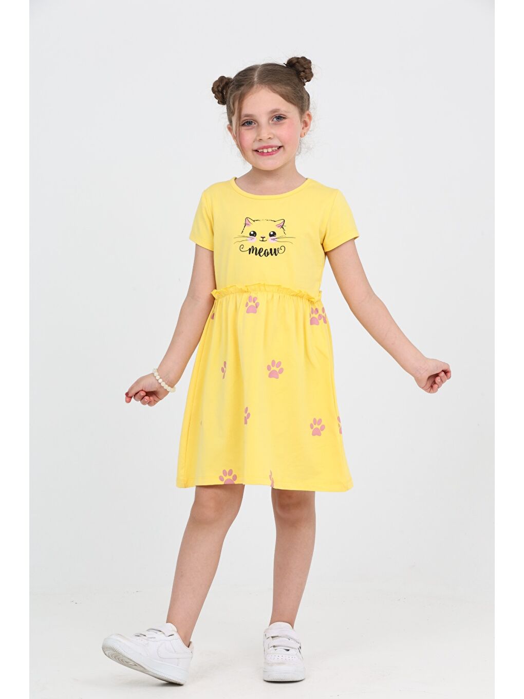 Sarı Kız Çocuk Kedi Baskılı Elbise-5