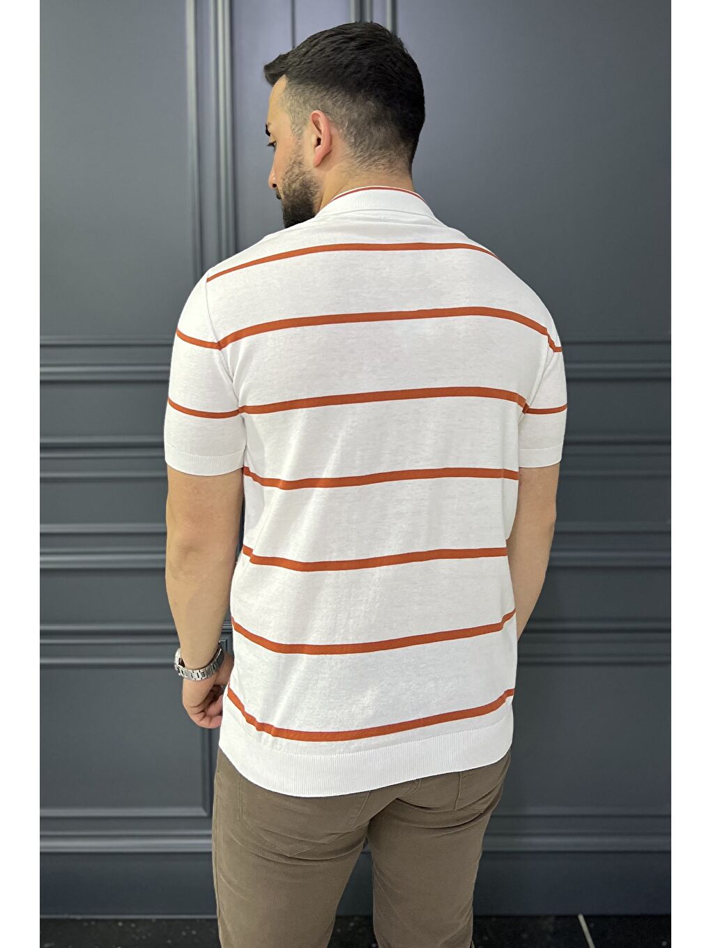 Beyaz Erkek Polo Yaka Çizgi Desenli Triko Tişört-2