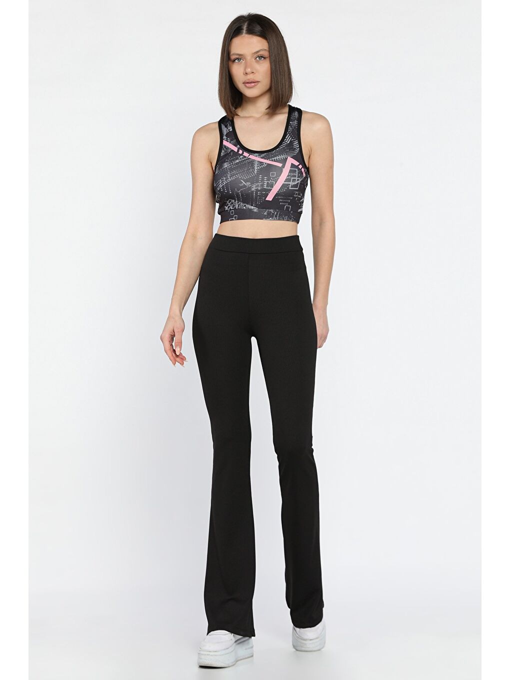 Siyah Kadın Yüksek Bel Fitilli İspanyol Paça Tayt-1