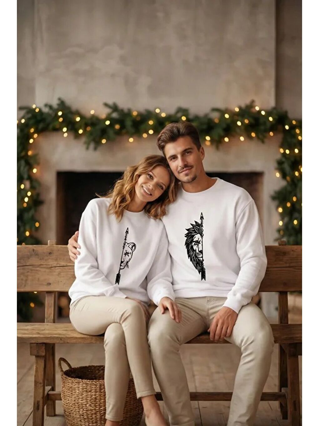 Sevgililer Günü Özel Bisiklet Yaka Aslan Baskılı Oversize Sweatshirt - Beyaz-1