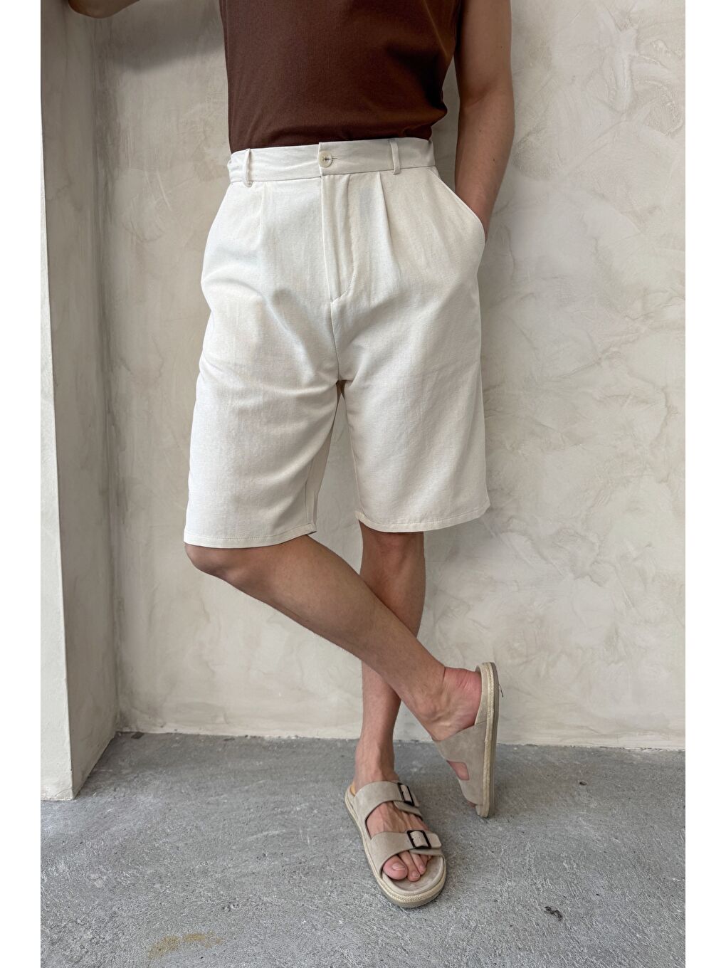 Ekru Erkek Pileli Baggy Keten Şort-2