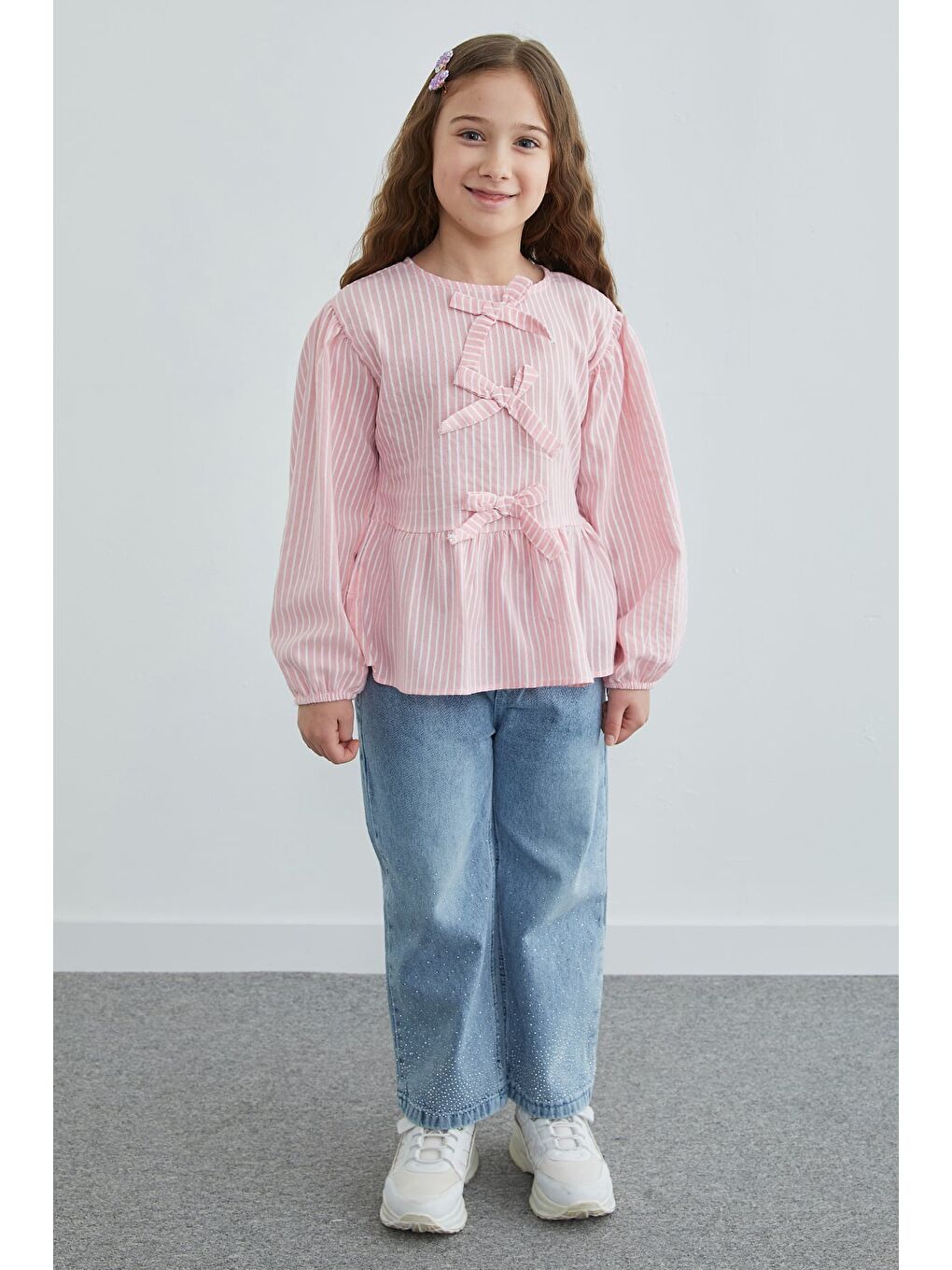Pembe Fiyonk Detaylı Çizgili Kız Çocuk Bluz-1