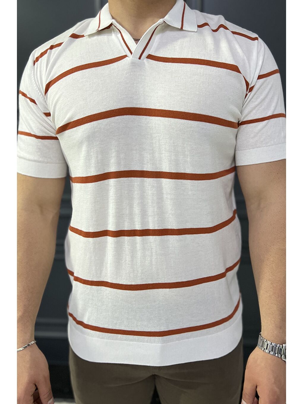 Beyaz Erkek Polo Yaka Çizgi Desenli Triko Tişört-3