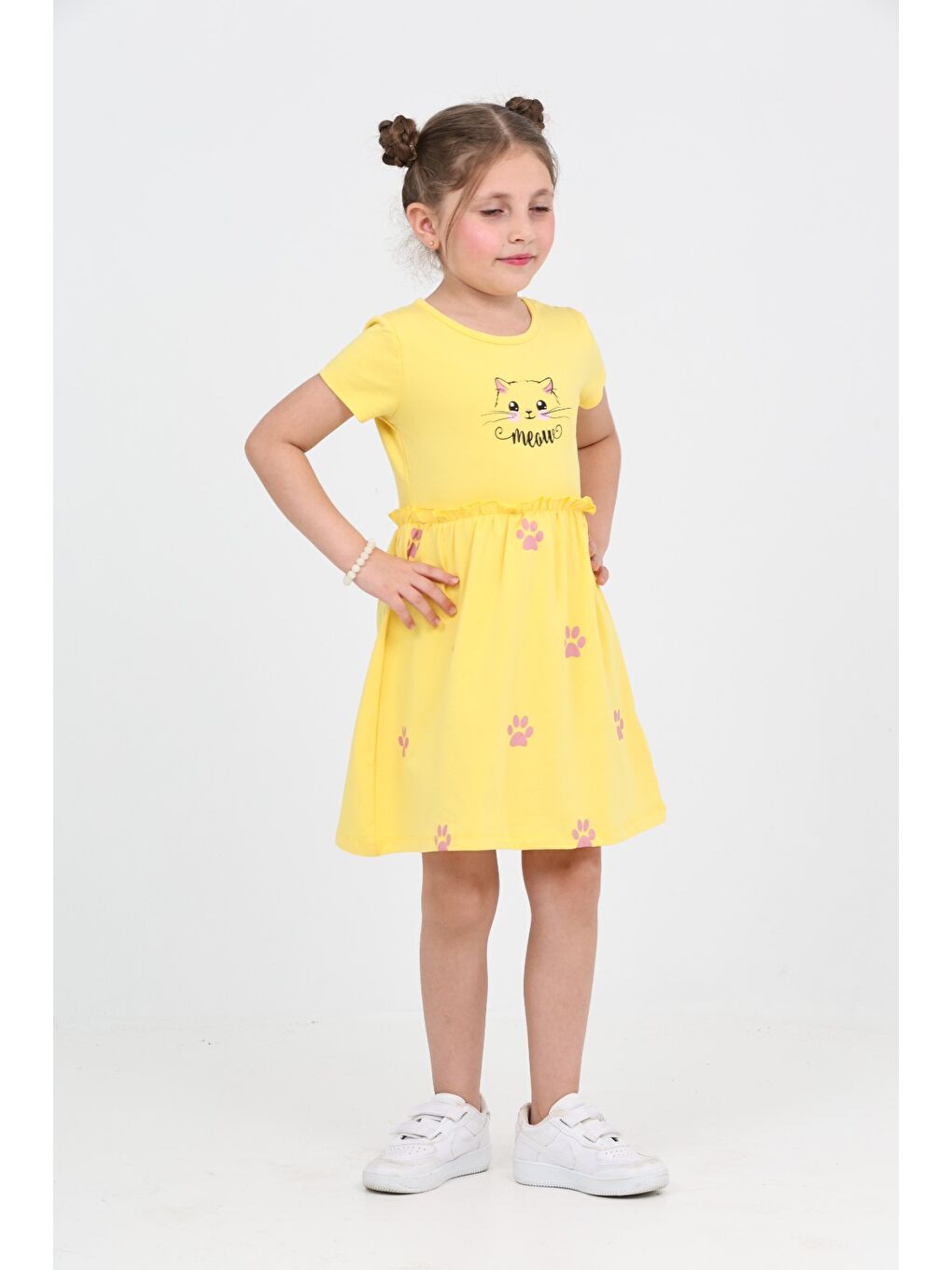 Sarı Kız Çocuk Kedi Baskılı Elbise-7