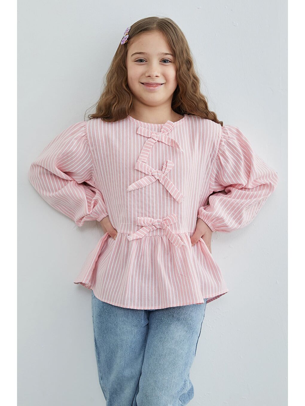 Pembe Fiyonk Detaylı Çizgili Kız Çocuk Bluz-2