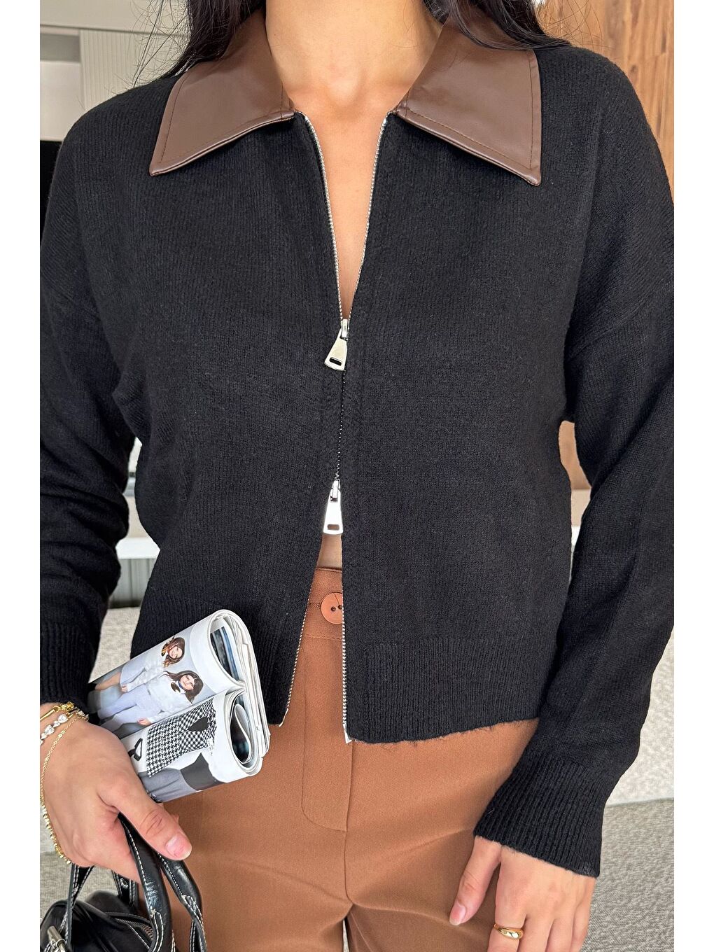 Siyah Kadın Polo Yaka Deri Garnili Fermuarlı Triko Hırka (s-m-l Beden Uyumludur.)-2
