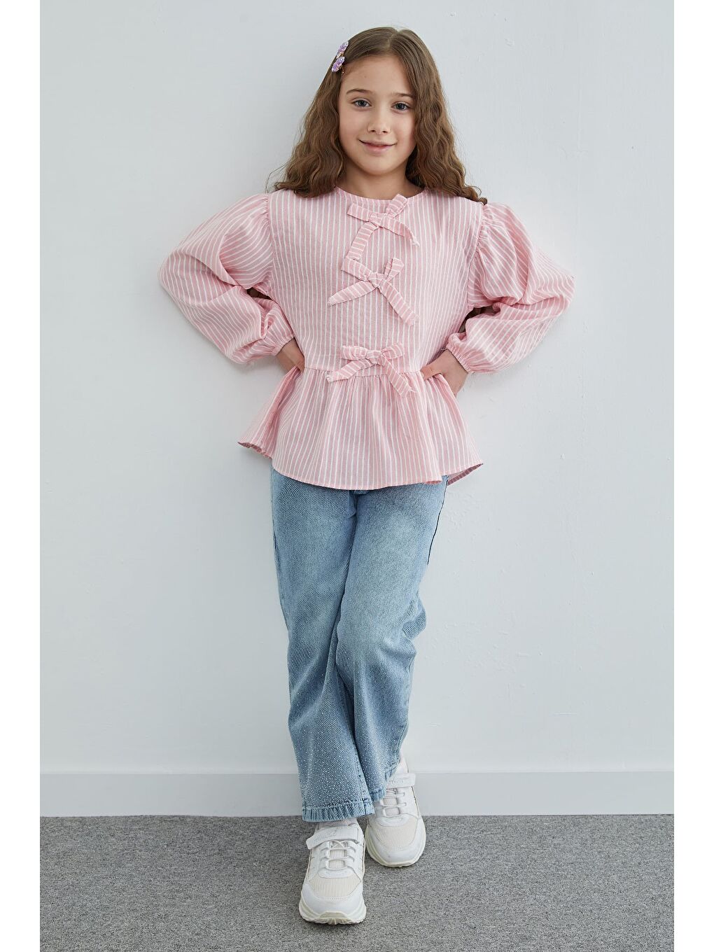 Pembe Fiyonk Detaylı Çizgili Kız Çocuk Bluz-3