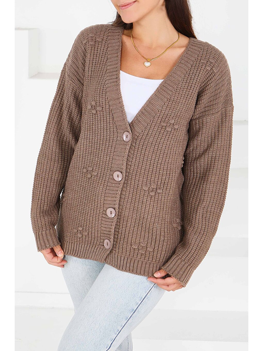 Bej Kabarcıklı Düğmeli Triko Hırka Vizon - 27658-2