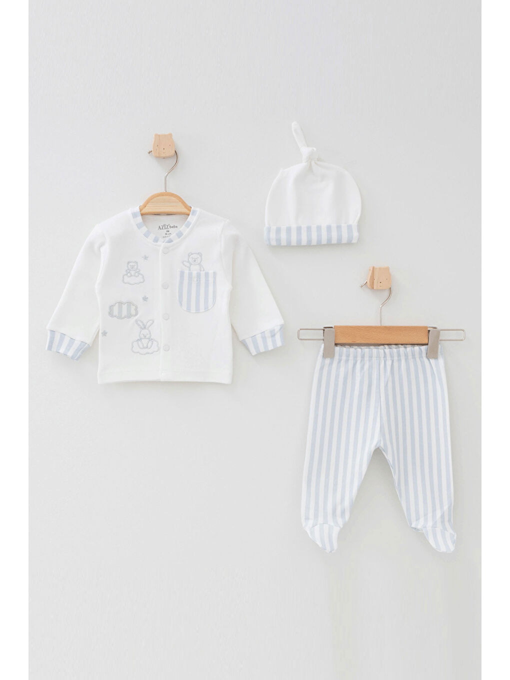 Ekru Erkek Bebek Animal Nakışlı Hırka Pantolon Bere 3 'lü Alt Üst Bebek Takımı 0 Ay - 6 Ay