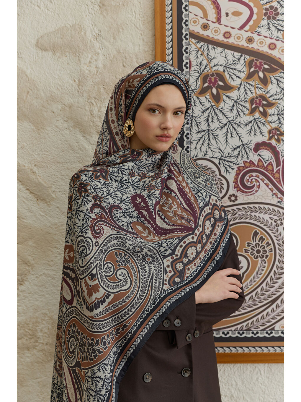 Kahverengi Cupra Prive Desenli Şal Blossom Kızıl Kahve-1